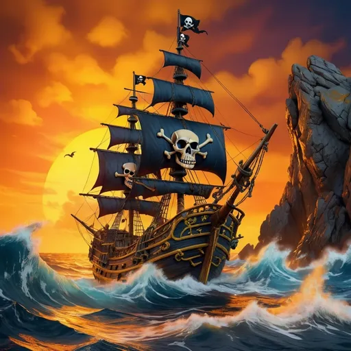 Prompt: detailed illustration of a pirate ship with bright colors in a yellow and orange sky and dark blue sea background with skull and bones sails sailing on high waves towards a rocky cliff