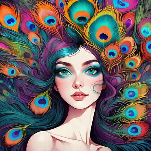 Prompt: beautiful woman with colorful peacock feather hair illustration poster art, illustration, hippy, 60s, trippy,