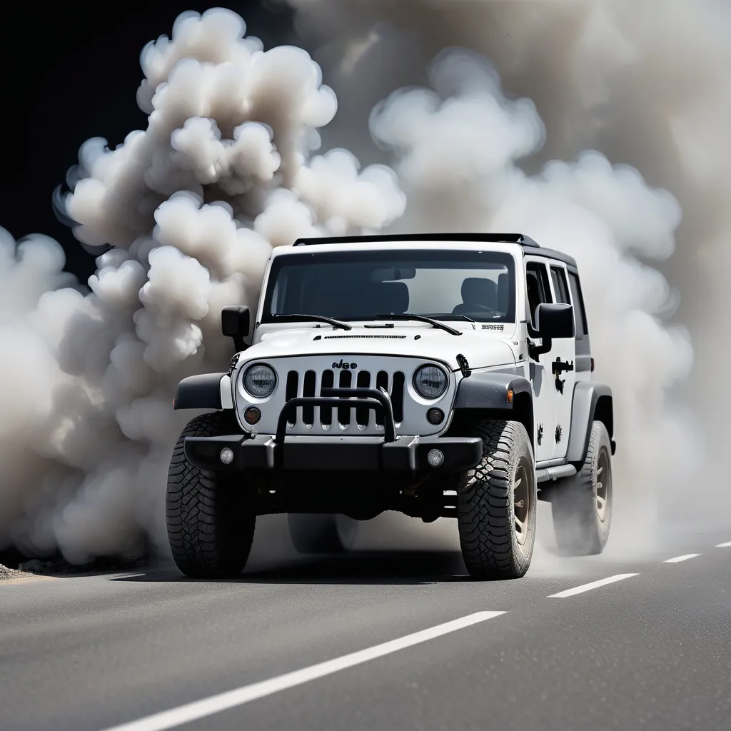 Prompt: a jeep driving through a cloud of smoke on a road with a black background and a white truck with a black top, A.D.M. Cooper, concrete art, dusty, a tilt shift photo