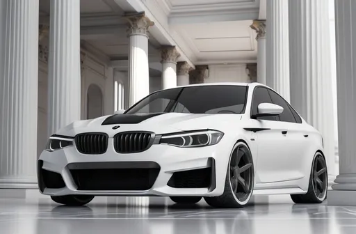 Prompt: a white car parked in a white room with columns and columns on the side of it, and a white car with a black front bumper, Cedric Seaut (Keos Masons), photorealism, unreal render, a 3D render