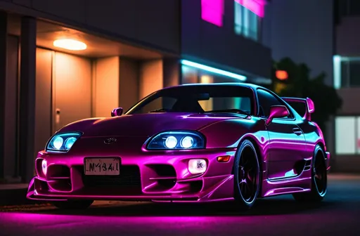 Prompt: a Toyota supra mk4 with a pink light on it parked on the street in front of a building at night time, Ai-Mitsu, holography, rim lights, a hologram