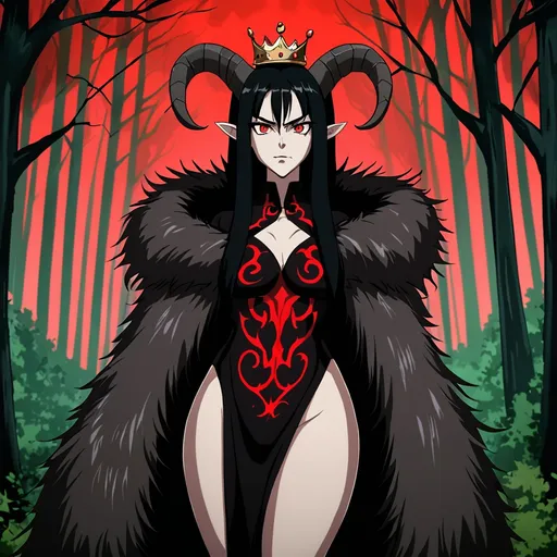 Prompt: anime, tall black haired woman, fur clothing, leg slits in clothing, thick crooked horns coming from head, red eyes, forest background, crown, evil look