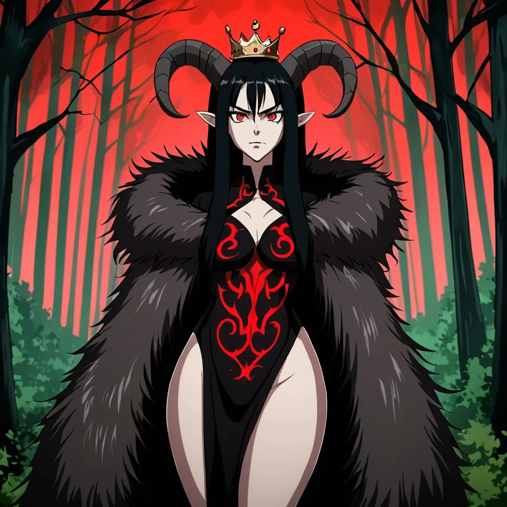 Prompt: anime, tall black haired woman, fur clothing, leg slits in clothing, thick crooked horns coming from head, red eyes, forest background, crown, evil look