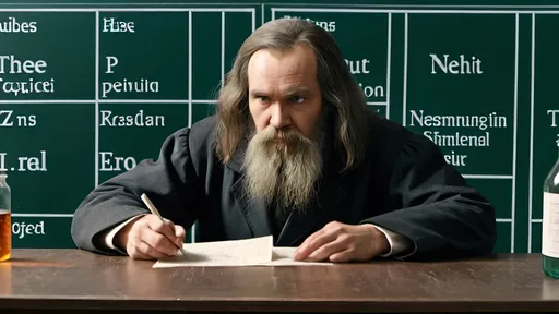 Prompt: Mendeleev sits at the table against the background of the periodic table and comes up with something
to the right of him there are test tubes with something and to the left there are a lot of different papers 
he also tells people what he came up with