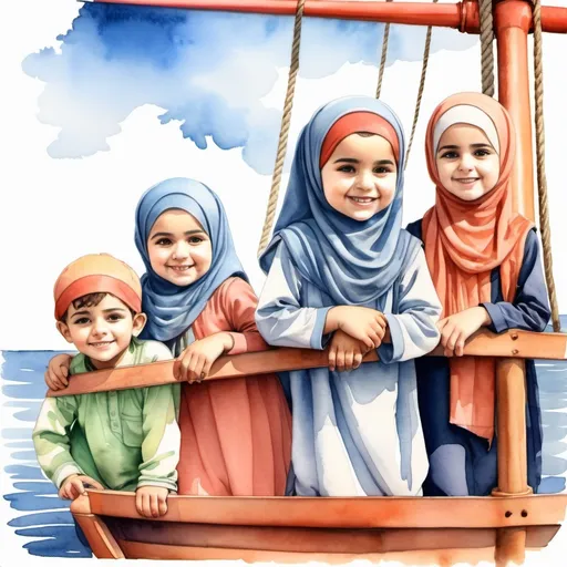 Prompt: water color drawing of muslim cute boys and girls on a ship