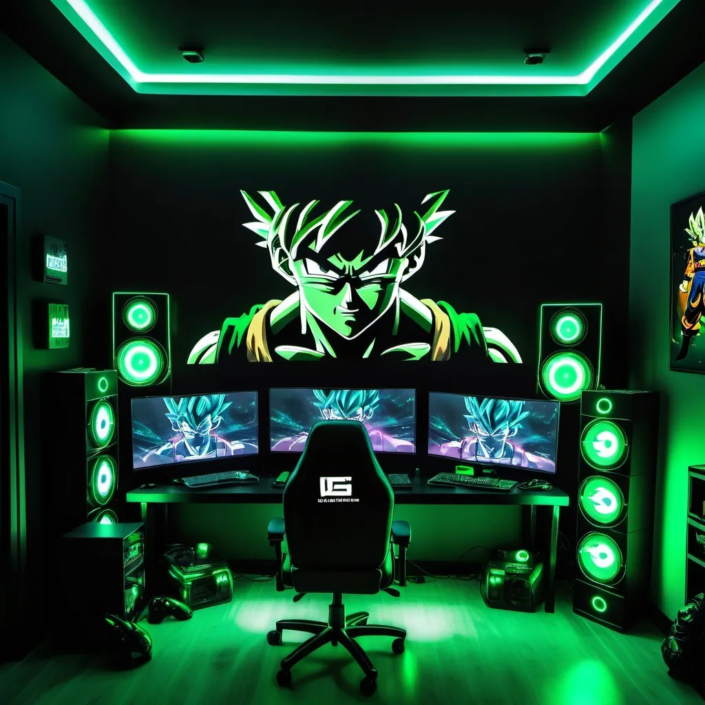 Prompt: Killer gaming room setup with goku and cell theme
Black background, green lights, bigger displays