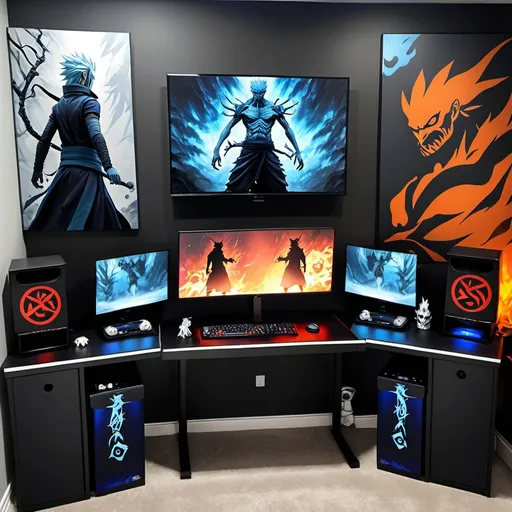 Prompt: Gaming room setup with Naruto Demons slayer and white walker theme in black