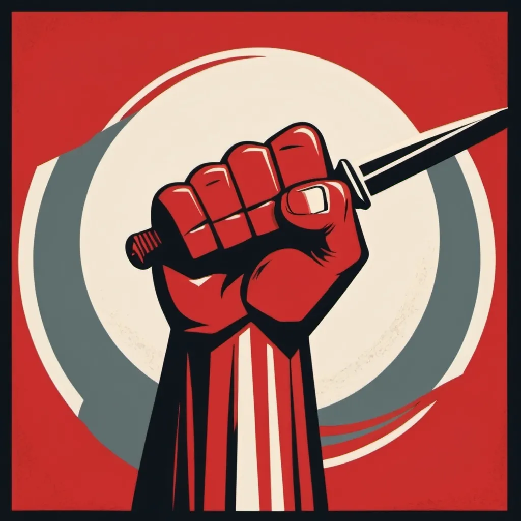 Prompt: Stylized Soviet-style graphic of a fist holding a sword
