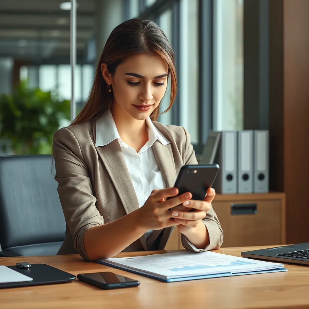 Prompt: Create an an image of a corporate women, hyper realistic sitting on their desk and checking their phone. the phones screen is front facing to the canvas.