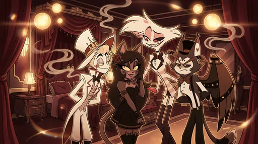 Prompt: Create an Lucifer's Master Room "Large Bedroom" Background. The central figure is a single female (Estelle Chasey The Kitty Cat Sinner) protagonist is surrounded by three (Lucifer, Angel Dust, and Husk) or more male partners or love interests who focus their romantic attention entirely on her. As orbiting orbs cadence counterclockwise to a warm sepia glow, the camera glides in a slow circular dolly while glints trace faces, smoke curls into wave-like ribbons, and subtle lens flares pulse with the sultry R&B–reggaeton mood.

While it captures the series' distinctive character designs, this specific piece appears to be a high-quality, AI-generated fan creation rather than a 2D still from the show itself. The official animation uses a clean, 2D vector-based art style with sharp line work and vibrant, flat coloring