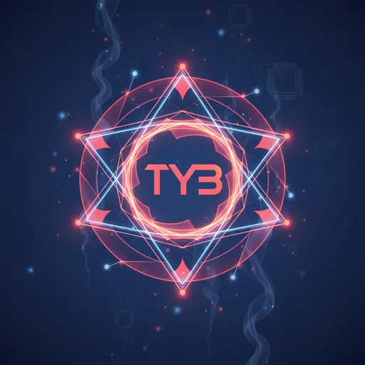 Prompt: abstract geometric crypto logo, TYB symbol integrated, dynamic triangle and circle patterns, vibrant red orange blue palette, modern blockchain theme, clean lines, balanced composition, professional digital currency branding