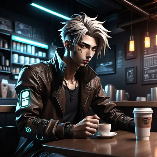 Prompt: Anime cyberpunk style, man in coffee shop, highly detailed, HD, dark background