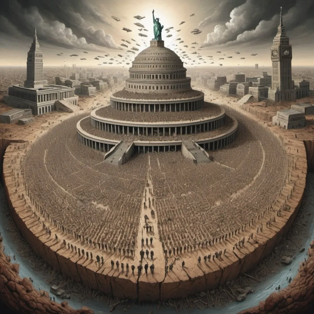 Prompt: Imagine a dystopian world under the rule of a one-world government. Create an art piece that vividly illustrates the potential negative consequences of such a system. This illustration should capture the essence of a highly centralized and authoritarian regime, where the concentration of power results in the erosion of cultural diversity, personal freedom, and democracy.

