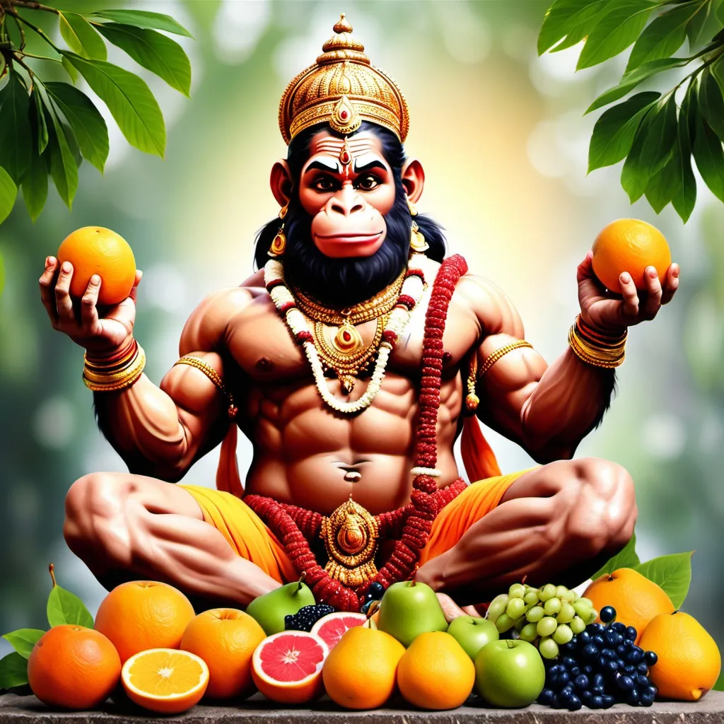 Prompt: GENERATE A IMAGE MADE A PHOTO OF HANUMAN WITH FRUITS