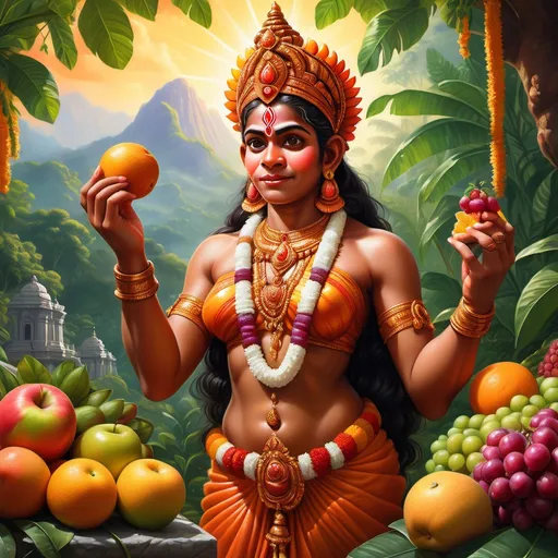 Prompt: (photorealistic) Indian girl, capturing a vibrant photo of Lord Hanuman adorned with a stunning array of colorful fruits, lush tropical greenery in background, warm sunlight casting a soft glow, joyful atmosphere, vivid details of fruits and texture, ultra-detailed, expressing admiration and devotion in her gaze.