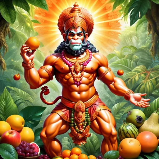 Prompt: (HANUMAN GOD IMAGE WITH FRUITS BODY), vibrant and colorful depiction, intricate details of fruit textures, divine expression, dynamic pose, lush background of tropical foliage, bright sunlight filtering through, rich and elaborate patterns, (mythological theme), spiritual ambiance, (ultra-detailed), visually striking composition that blends nature and divinity.