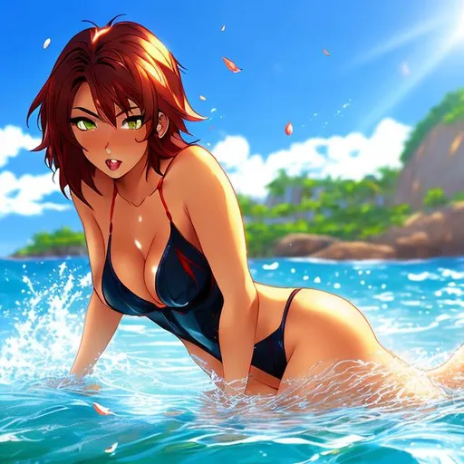 Prompt: Cat girl, anime, inappropriate , human being,young adults, yae miko, hot,big chest, swimming suit, thin beautiful body shape, beach background, but angle, playing in the water,very hot looking anime girl