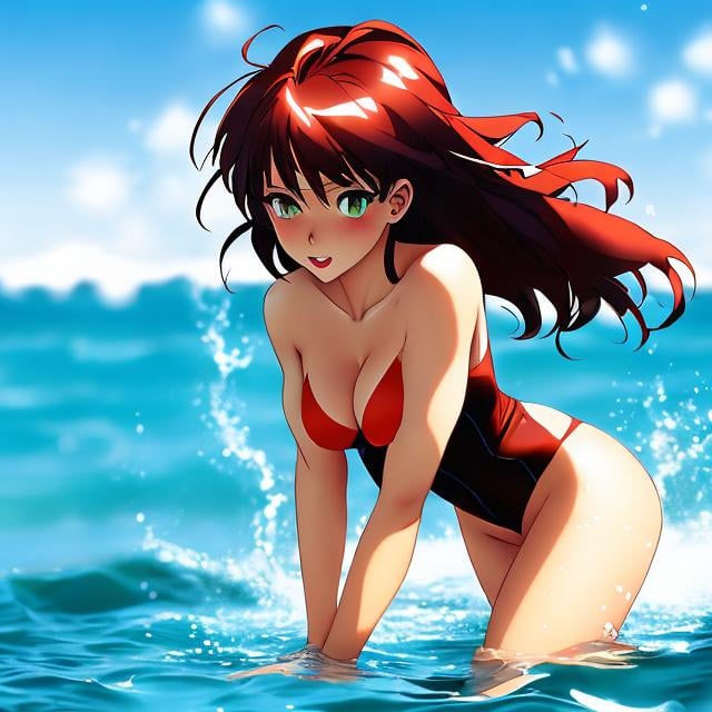 Prompt: Cat girl, anime, inappropriate , human being,young adults, yae miko, hot,big chest, swimming suit, thin beautiful body shape, beach background, but angle, playing in the water,very hot looking anime girl