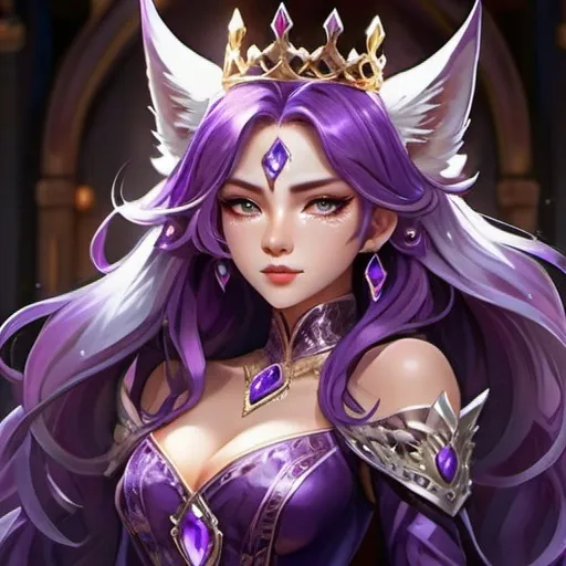 Prompt: Anime illustration of a regal female with glowing purple hair, diamond crown, wolf ears, and tail, vibrant purple color scheme, fantasy setting, intricate crown details, detailed wolf features, flowing hair and elegant design, high quality, anime, fantasy, vibrant purple, regal, detailed wolf features, intricate crown, glowing hair, elegant design, fantasy setting