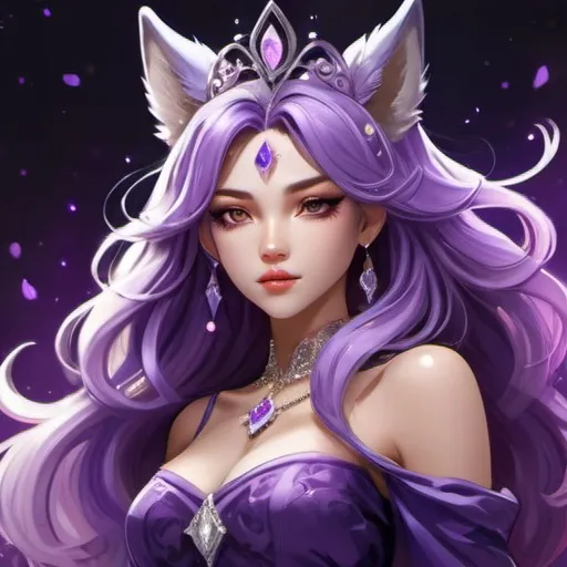 Prompt: Anime illustration of a regal female with glowing purple hair, diamond crown, wolf ears, and tail, vibrant purple color scheme, fantasy setting, intricate crown details, detailed wolf features, flowing hair and elegant design, high quality, anime, fantasy, vibrant purple, regal, detailed wolf features, intricate crown, glowing hair, elegant design, fantasy setting