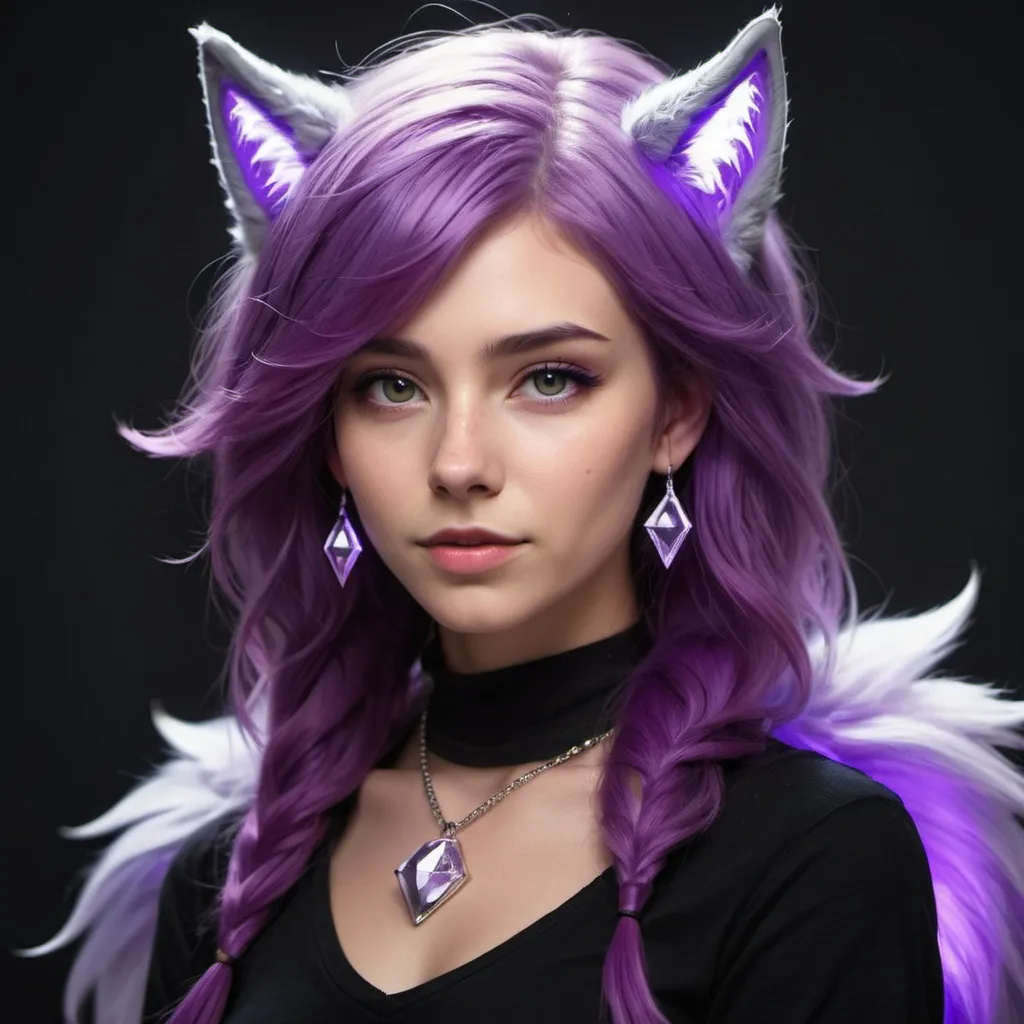 Prompt: human with glowing purple hair and purple wolf tail and purple wolf ears and a diamond crown female