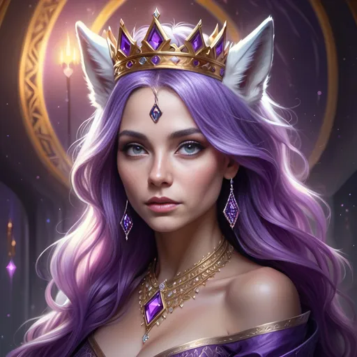 Prompt: Detailed digital painting of a regal female with glowing purple hair, wolf ears, and tail, adorned with a diamond crown, majestic aura, highres, ultra-detailed, fantasy, royal attire, radiant purple colors, elegant posture, ethereal lighting, digital art, mystical