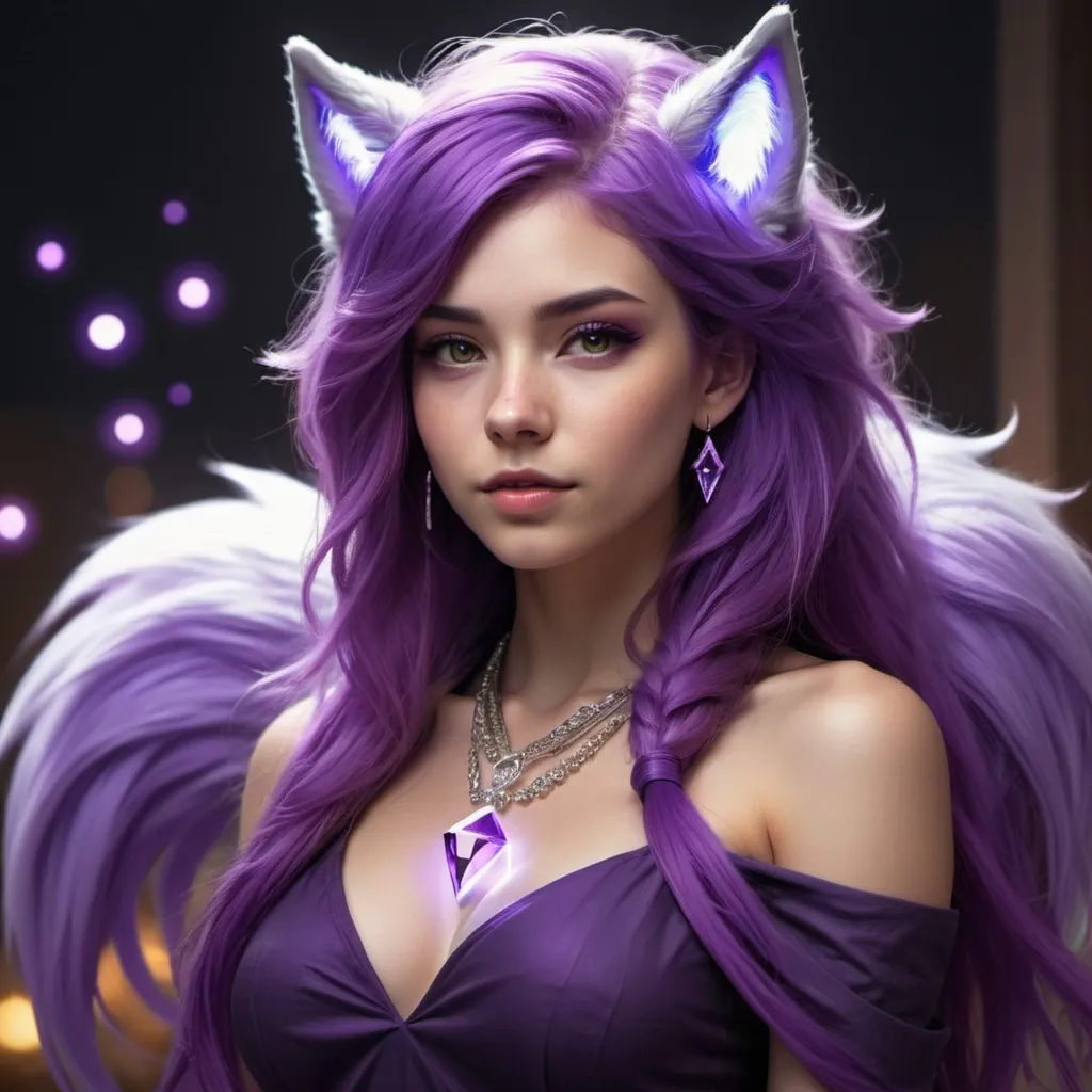 Prompt: human with glowing purple hair and purple wolf tail and purple wolf ears and a diamond crown female