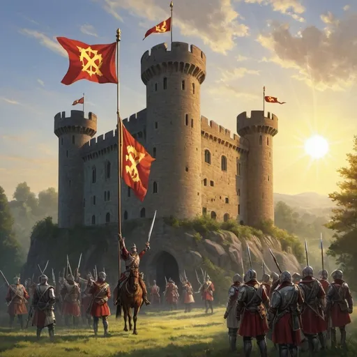 Prompt: Victory and Restoration: "The guild once again victorious, raising their flag over the reclaimed castle, with the sun rising behind them, symbolizing a new era of prosperity."