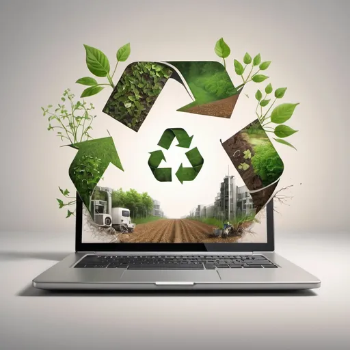 Prompt: create a cycle of laptop manufacturing from the nature to recycling. add and sprout in the center of the image