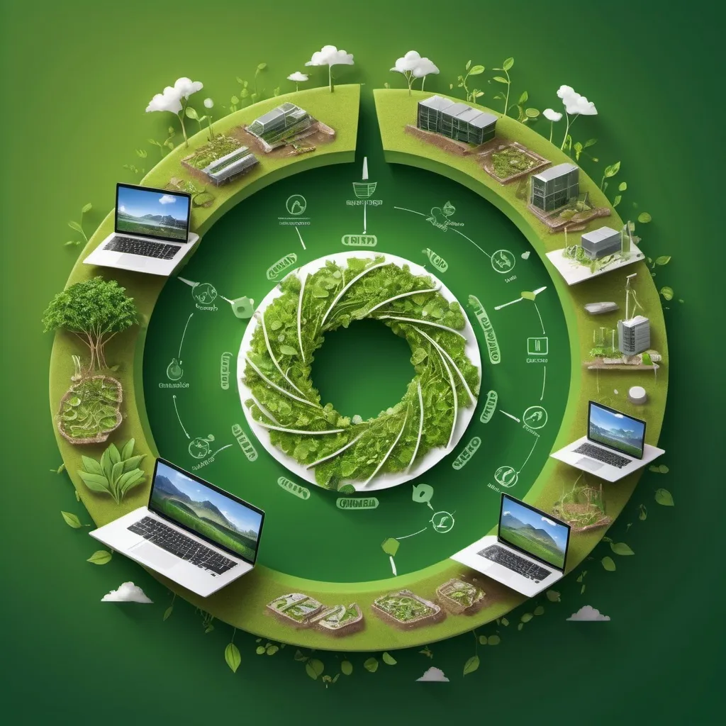 Prompt: create a cycle of laptop manufacturing from the nature to recycling. add and sprout in the center of the image