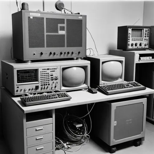 Prompt: A computer on a test bench with a large futuristic and advanced shortwave radio receiver.  And other radio equipment.