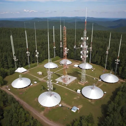 Prompt: a ham radio antenna farm with high large antennas