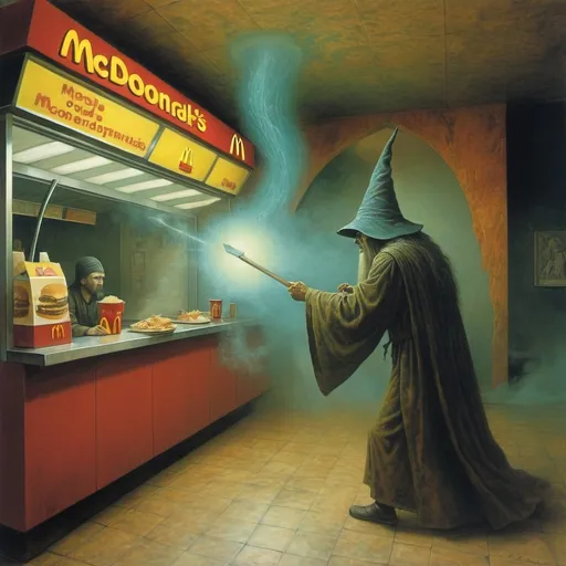 Prompt: a wizard attacking an employee in a mcdonalds by Zdzisław Beksiński