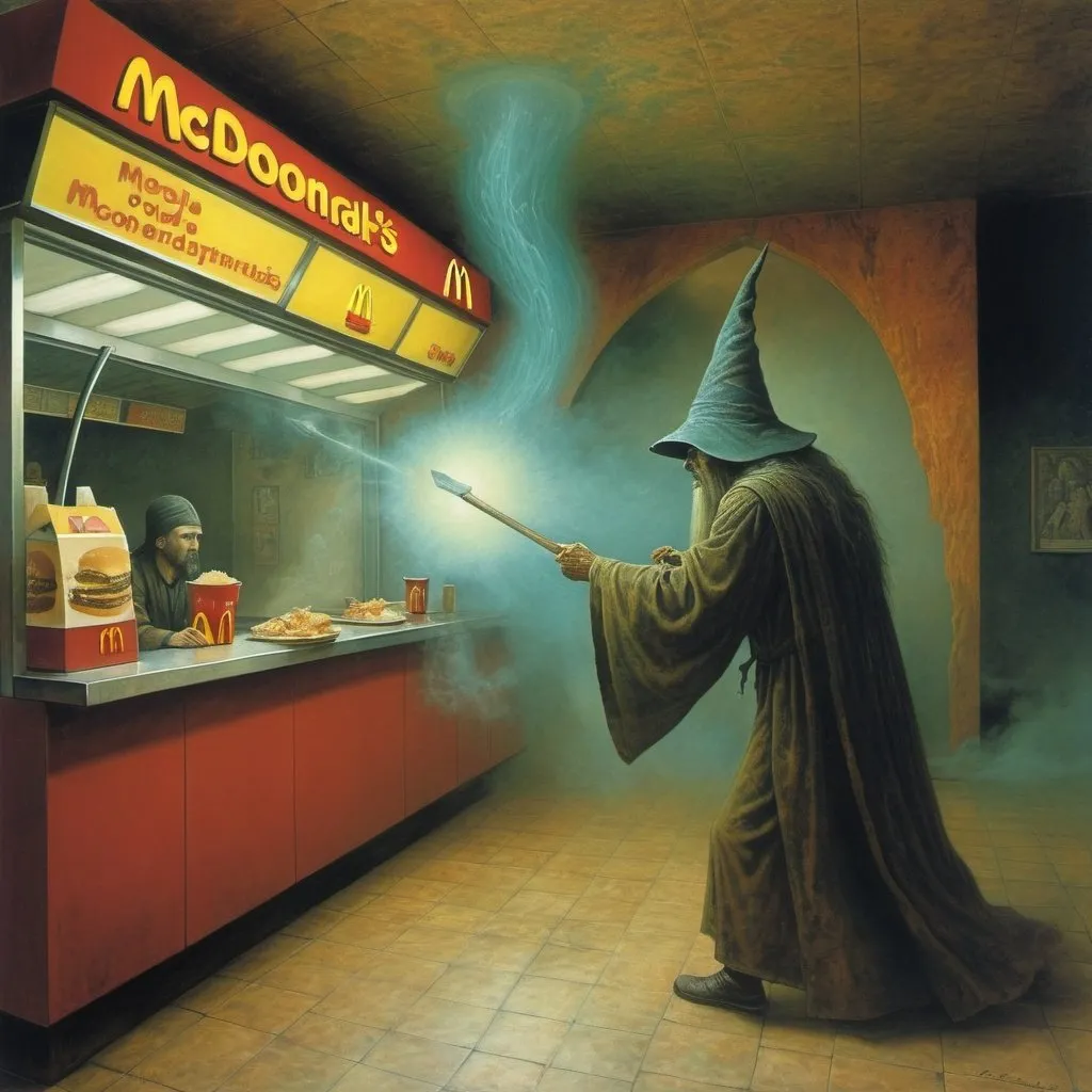 Prompt: a wizard attacking an employee in a mcdonalds by Zdzisław Beksiński