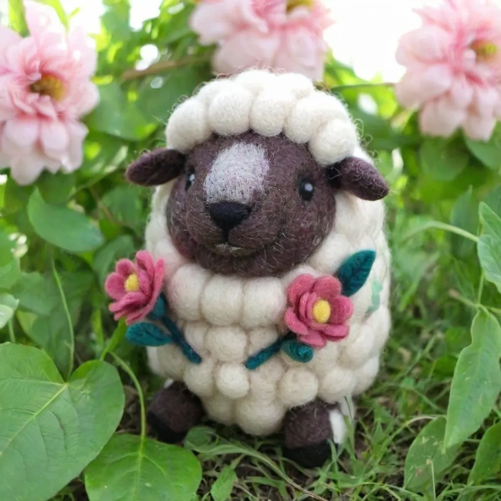 Prompt: a cute wool felt sheep in a beautiful garden full of flowers