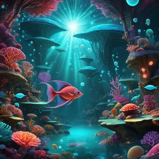 Prompt: (fish in the sky), surreal and whimsical, vibrant and dreamy colors, bioluminescent hues of coral, turquoise, and aquamarine, floating as if swimming through clouds, whimsical and peaceful atmosphere, glowing celestial bodies in the background, stars resembling bubbles, soft and radiant lighting, detailed and ultra-realistic fins and scales, HD, ultra-detailed environment, ethereal and magical, cinematic masterpiece, 4K quality