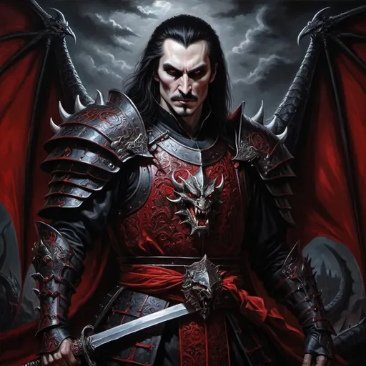 Prompt: Vlad Dracula vampire, dragon, samurai, oil painting, detailed armor and weapons, gothic, dark and moody, intense red and black tones, dramatic lighting, highres, ultra-detailed, gothic art, menacing presence, fearsome dragon, powerful vampire, brooding atmosphere, ominous, ancient warrior, haunting eyes