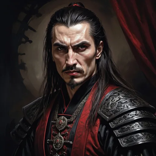 Prompt: Vlad Dracula from Romania, samurai warrior,  painting, imposing figure with 29yo features, dark and menacing expression, rich and detailed attire, historical gothic style, dramatic lighting, deep red and black tones, high quality, detailed, gothic art, historical, imposing presence, unsettling gaze, regal, atmospheric lighting
