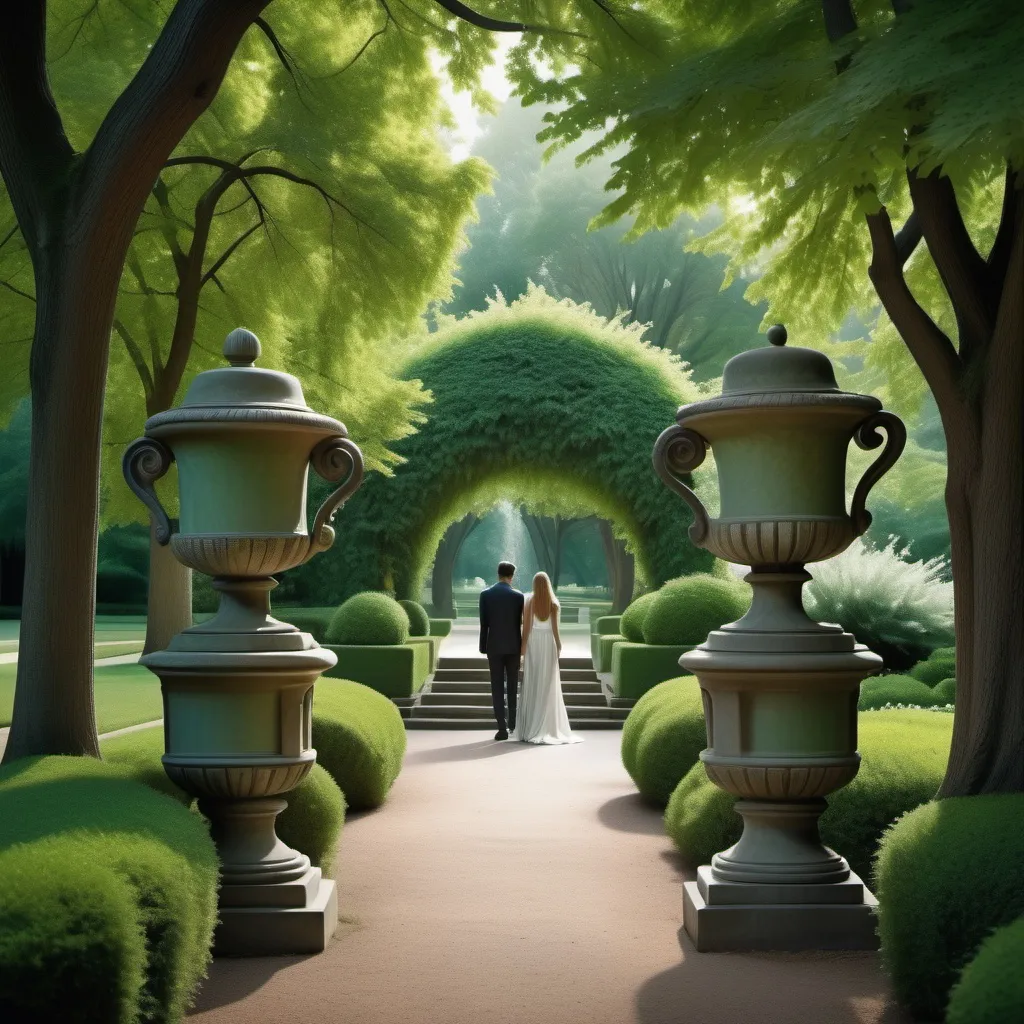 Prompt: fantasy scene of a (man and woman) in a serene park, (cool color palette), lush greenery surrounding, (two large urns) elegantly placed behind, gentle path leading into the depth, (inspired by Bernard Accama), magazine-style photography, HD quality, evocative ambiance, enchanting lighting adding a magical touch, capturing a moment of contemplation and unity.