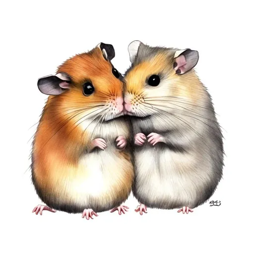 Prompt: a drawing of 2 hamsters cudling