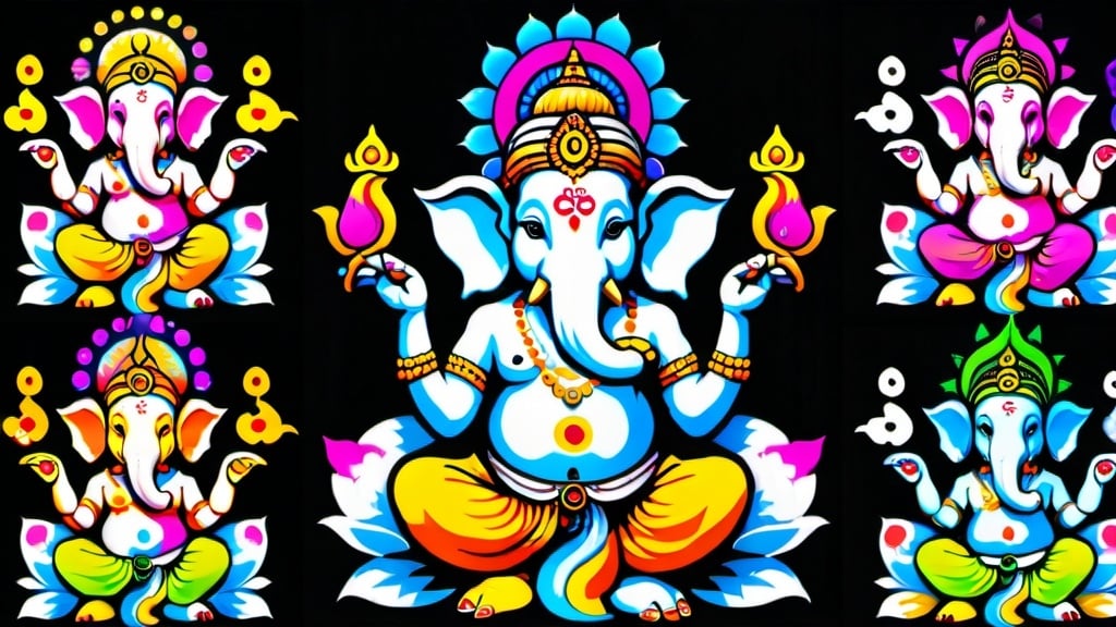 Prompt: A PSYCHEDELIC LOOKING GANESHA IN VARIOUS POSES IN THE STYLE OF TAKASHI MURAKAMI