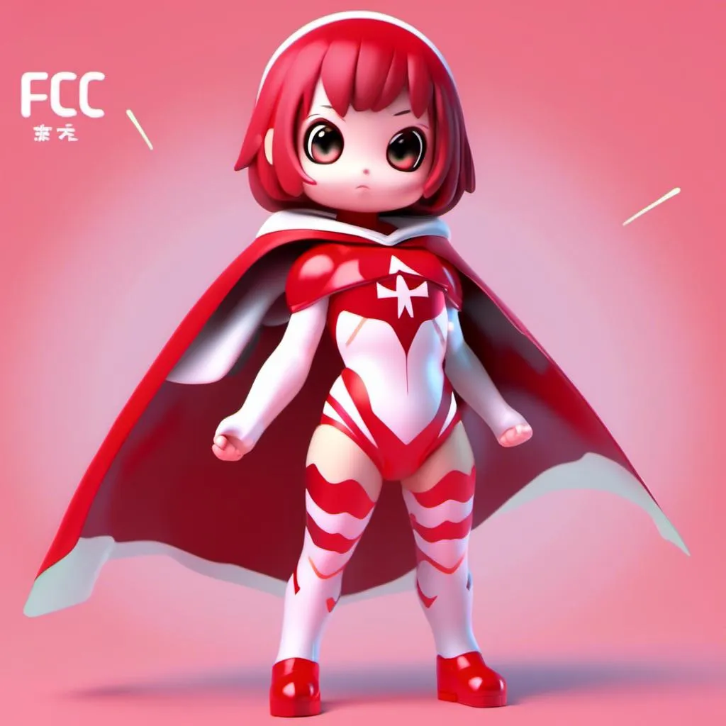 Prompt: <mymodel> a 3d render of kawaii little female girl with short hair, wearing a red and white super hero tight suit and red cloak, "FCC" logo pinned in front of chest, chibikawaii, blind box, ip design, oc rendering, ultra-detailed, white background, 3d, c4d, soft lights.16k, --ar 16:9 --niji 5 --style expressive