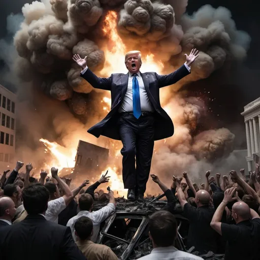 Prompt: Create a dramatic and intense scene depicting Donald Trump triumphantly rising from the aftermath of an attempted assassination. The setting should be dark and chaotic, with evidence of the attack visible in the background, such as debris, smoke, and a crowd of shocked onlookers. Trump should appear resolute and unscathed, illuminated. 