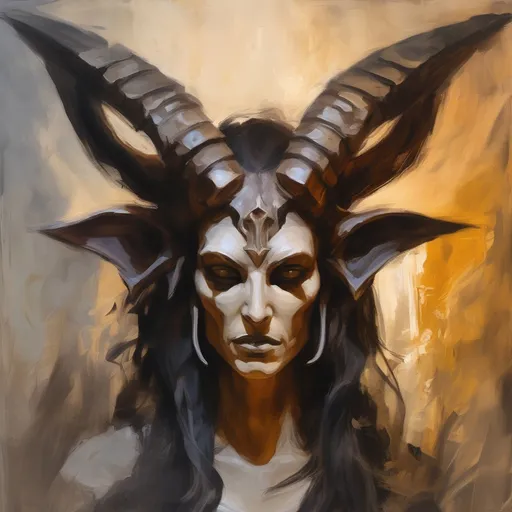 Prompt: oil paint baphomet head shoulders woman Visible strokes,rough edges,muted colors.Warm lighting neutral backdrop