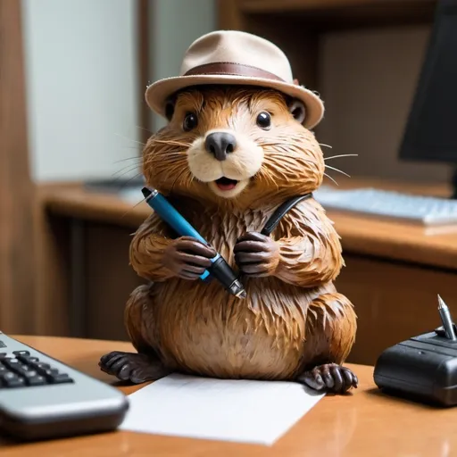 Prompt: A beaver as a journalist while writing an article