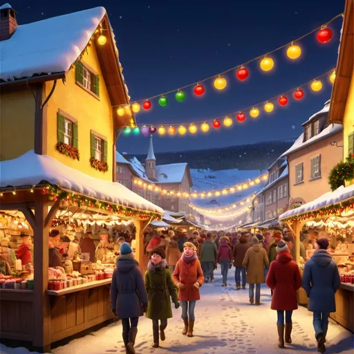 Prompt: (photorealistic) vibrant Christmas market scene in Stappenbach, charming wooden stalls adorned with colorful lights, softly glowing decorations, visitors savoring festive foods, warm atmosphere, cozy winter garments, deep hues of red and gold, snow gently falling, surrounded by glowing lanterns and cheerful decor, inviting and joyful ambiance, "Stappenbach Christmas Market" (accurately spelled text "Stappenbach Christmas Market") in elegant font, HD-quality, strikingly detailed.