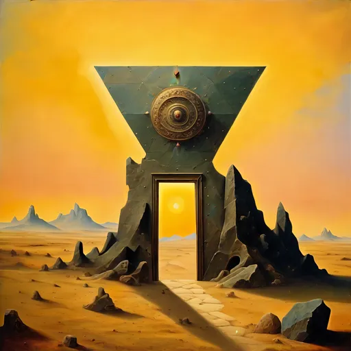 Prompt: the door to nothingness, whimsical oil painting, philosophy, statue in a huge wide desert landscape, a few mountains in the distance, intricate details, mix by Beksinsky and Androind Jones, by Hieronymus Bosch, stones, morning light, morning sun, damped colors only warmed by the sunlight, in the style of Salvador Dali and Beskinsky combined
