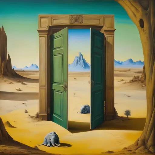 Prompt: the door to nothingness, whimsical oil painting, philosophy, statue in a huge wide desert landscape, a few mountains in the distance, ornaments like Elephants or Rhinos in the sand, one dried out tree, intricate details, mix by Beksinsky and Androind Jones, by Hieronymus Bosch, sonly one green tree, surreal stones, morning light, morning sun, damped colors only warmed by the sunlight, in the style of Salvador Dali and Beskinsky combined
