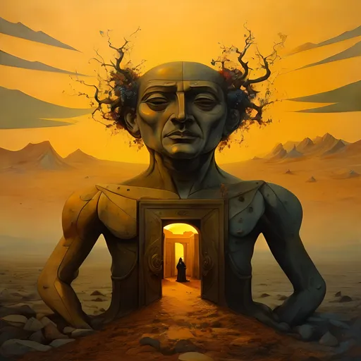 Prompt: the door to nothingness, whimsical oil painting, philosophy, statue in a huge wide desert landscape, a few mountains in the distance, intricate details, mix by Beksinsky and Androind Jones, by Hieronymus Bosch, stones, morning light, morning sun, damped colors only warmed by the sunlight, in the style of Salvador Dali and Beskinsky combined
