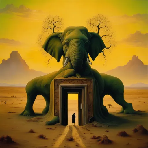 Prompt: the door to nothingness, whimsical oil painting, philosophy, statue in a huge wide desert landscape, a few mountains in the distance, ornaments like Elephants or Rhinos in the sand, one dried out tree, intricate details, mix by Beksinsky and Androind Jones, by Hieronymus Bosch, sonly one green tree, surreal stones, morning light, morning sun, damped colors only warmed by the sunlight, in the style of Salvador Dali and Beskinsky combined
